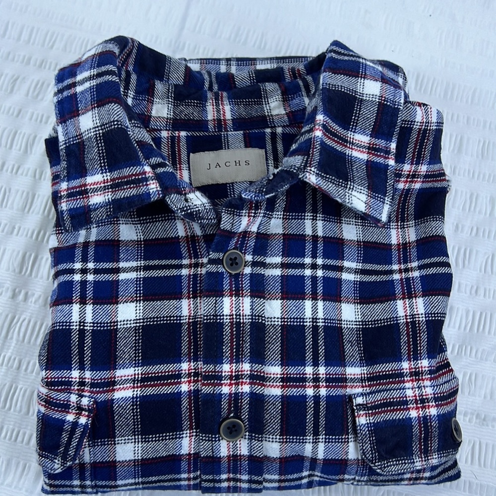 Jachs Mens Long Sleeve Flannel Size XL Red White and Blue Plaid